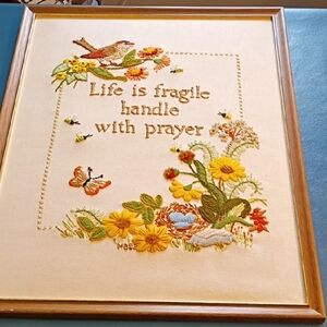 Embroidered Framed Art with Vibrant Floral Accents And Message